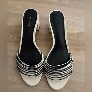 Reformation White and Black Low Block Heel Slide Sandals